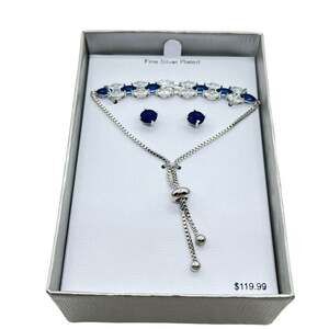 Bolo Bracelet Blue Clear Marquise Cut Stud Earrings Silver Plate CZ in Gift Box
